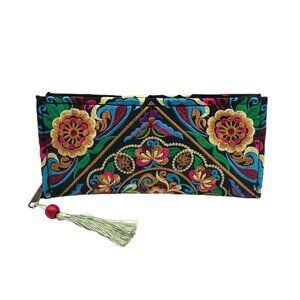 Embroidered Black Colorful Boho Floral Wristlet Clutch Bag